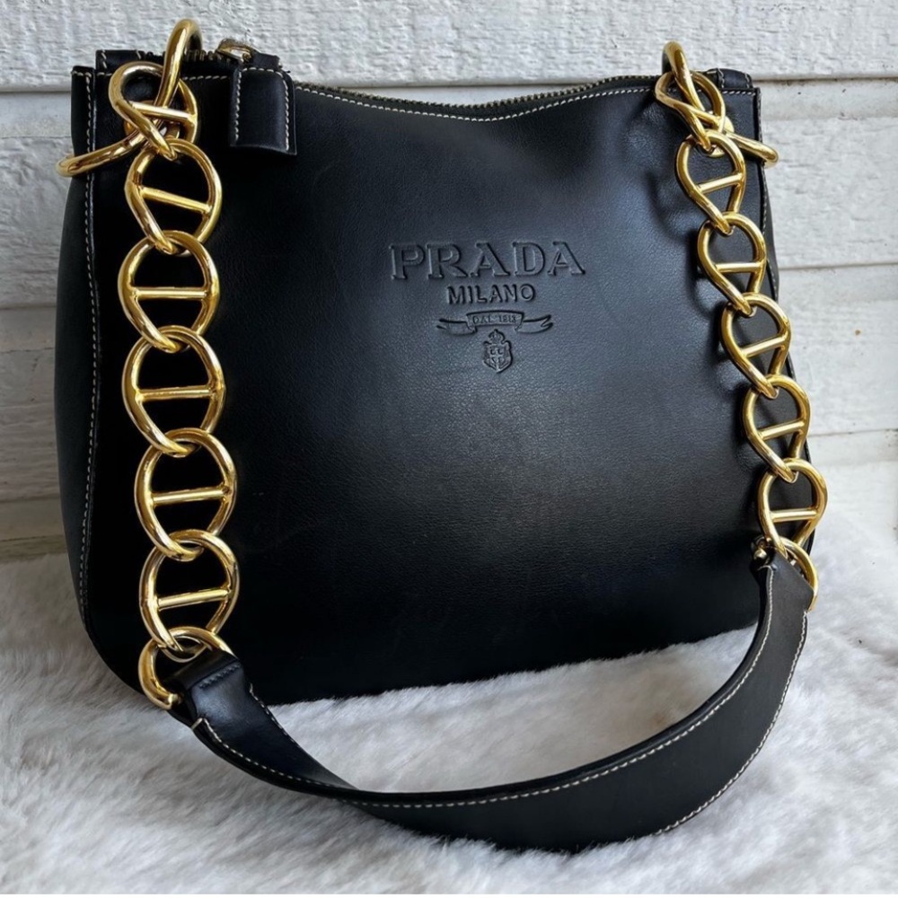 PRADA Black Leather Gold Hobo Baguette Re Edition Galleria Shoulder Bag